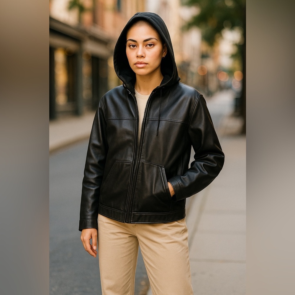 Concept Black Leather Vintage Bomber Jacket Coat Hood S Women Biker Y2K - Picture 1 of 15